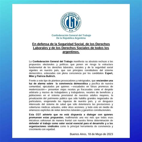 La Cgt Y Un Duro Comunicado Contra Patricia Bullrich Javier Milei Y Espert