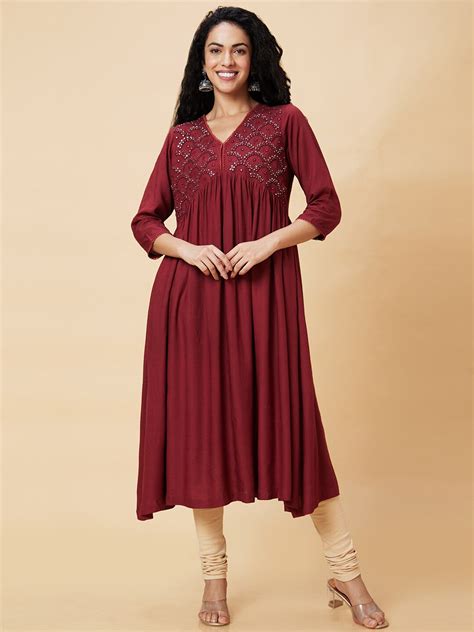 Buy Globus Maroon Ethnic Motifs Embroidered V Neck Mirror Work Anarkali