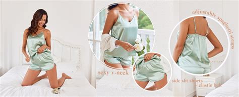 Ekouaer Silk Pajamas Set For Women Satin Camisole Sleepwear Lingerie V Neck Cami Top And Shorts
