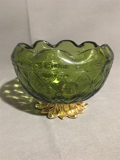 Vintage Indiana Glass Emerald Green Duette Quilted Rose Bowl W Metal Leaf Brass Base Etsy