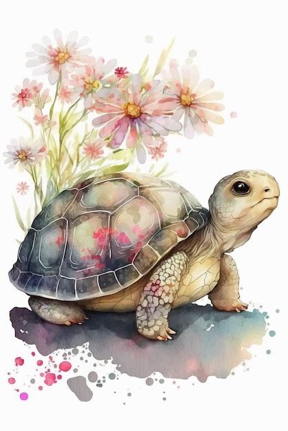 Una Pintura De Acuarela De Una Tortuga Con Flores Foto Premium