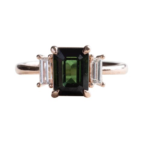 Customizable Green Tourmaline Emerald Cut Ring With Baguette Diamonds Three Stone Ring For Sale