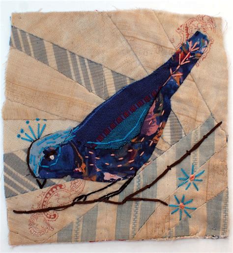 Unframed Appliqued Bird With Embroidery On Vintage Crazy Quilt Scrap