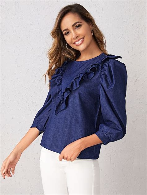 Shein Ruffle Trim Puff Sleeve Denim Top Denim Top Tops Puff Sleeve