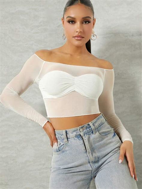 Laramee Off Shoulder Ruched Front Mesh Top Shein Usa