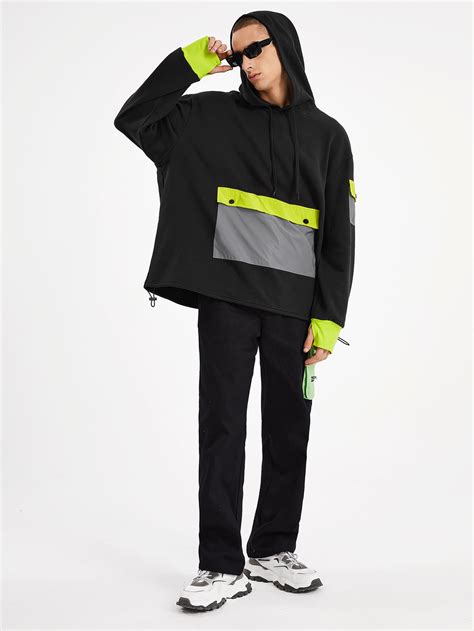 Split Lunch Men Reflective Colorblock Kangaroo Pocket Drawstring Hoodie