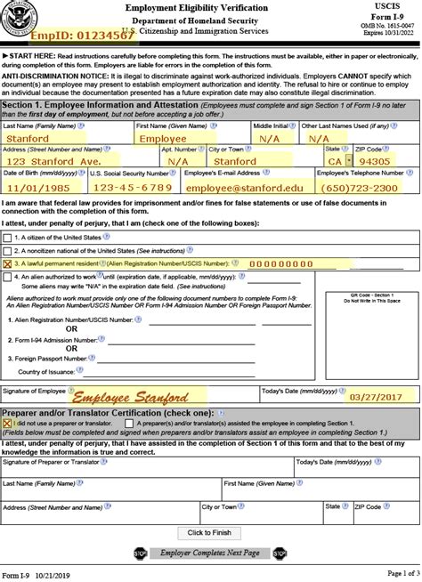 Examples of Completed Form I-9 for Stanford