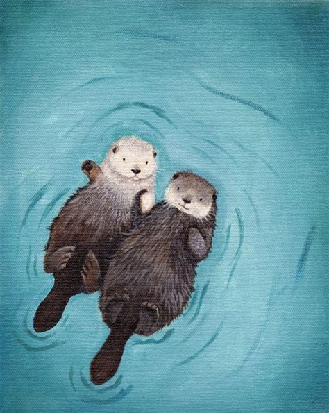 Otters Holding Hands Art Print 8x10 Cute Otter Art Perfect Wedding T Anniversary T