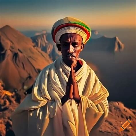 Ethiopian Orthodox Priest Praying On A Mountain