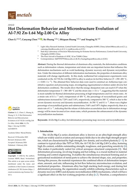 PDF Hot Deformation Behavior And Microstructure Evolution Of Al 7 92