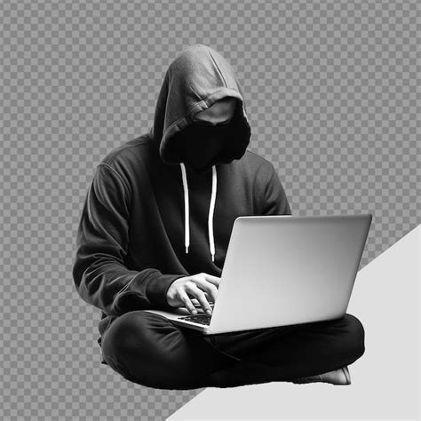 Premium Psd Hacker In Hoodie Using Laptop Png Isolated On Transparent