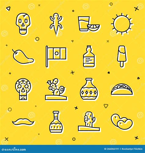 Set Line Beans Taco With Tortilla Popsicle Ice Cream Tequila Glass Lemon Mexico Flag Hot