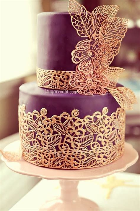 Spectacular Gold And Purple Lace Wedding Cake Deer Pearl Flowers