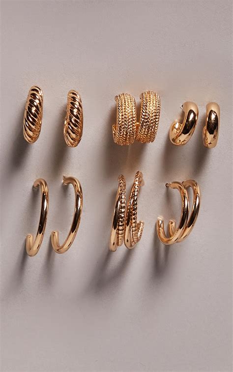 Gold Textured Hoop Multipack Earrings Accessories Prettylittlething Usa