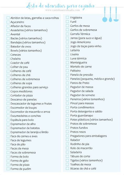 Lista de utensílios básicos para cozinha Casinha Arrumada New home