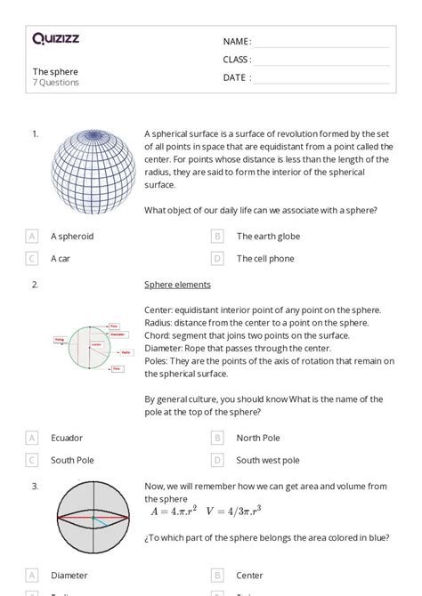 Volume Of A Sphere Worksheets For Th Year On Quizizz Free