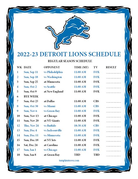 Printable 2022-2023 Detroit Lions Schedule