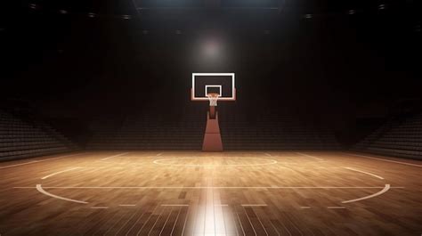 Cancha De Baloncesto En Una Arena Oscura Con Un Aro De Baloncesto En La