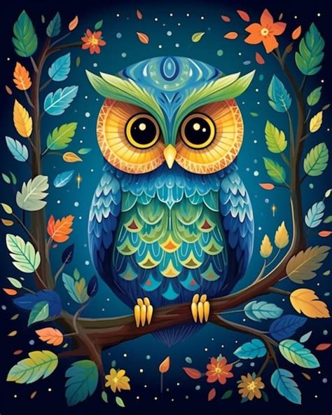 Premium Ai Image A Colorful Owl Sitting On A Branch With Leaves And Flowers Generative Ai