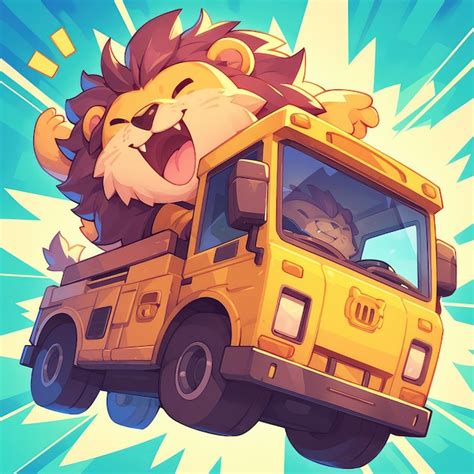 Un Lion Conduit Un Bus Dans Le Style Des Dessins Anim S Vecteur Premium