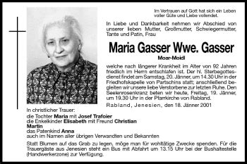 Traueranzeigen Von Maria Gasser Trauer Bz