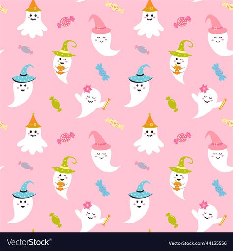 Cute Pink Halloween Ghost Seamless Pattern Vector Image