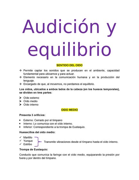 Audición y equilibrio Buen apunte Audición y equilibrio SENTIDO DEL