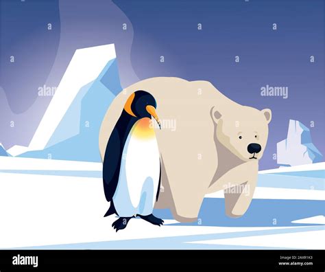 penguin and polar bear at the north pole, arctic landscape vector ...