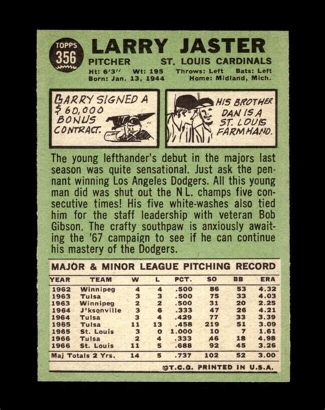 1967 Topps Set Break 356 Larry Jaster NR MINT GMCARDS EBay