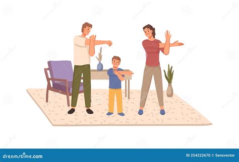 Parents and Son Exercise Together at Home Stock Vector - Illustration ...