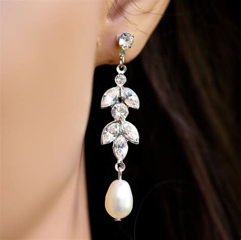 Rhinestone Bridal Earrings With Pearl Drop Pearl Bridal