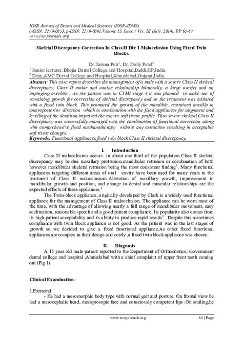 Pdf Skeletal Discrepancy Correction In Class Ii Div 1 Malocclusion Using Fixed Twin Blocks