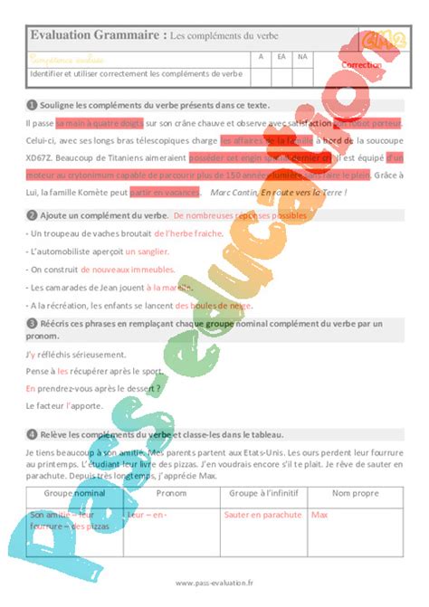 Evaluation sur les compléments du verbe avec le corrigé Bilan au CM2