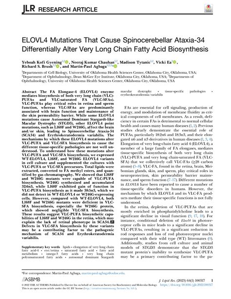 PDF ELOVL4 Mutations That Cause Spinocerebellar Ataxia 34