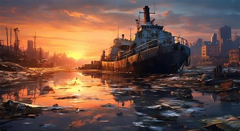 Premium AI Image | A painting of a ship in the ice at sunset