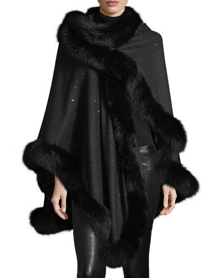 Sofia Cashmere Fox Fur Trimmed Cashmere Sequin U Cape In Black