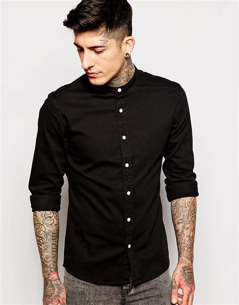 Asos Skinny Denim Shirt In Black Overdye With Grandad Collar In Black