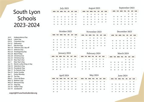 South Lyon Schools Calendar with Holidays 2023-2024