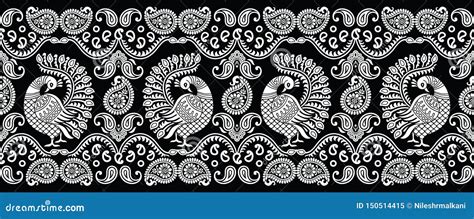 Seamless Traditional Indian Black And White Peacock Border Stock Vector