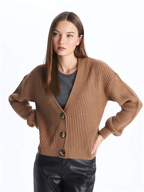 Cardigan En Tricot Manches Longues Et Col En V Pour Femmes W J Z