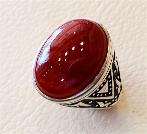 Agate Carnelian Natural Red Yemen Aqeeq Sterling Silver Men Ring 925