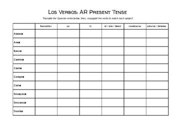 Spanish AR Verb Conjugation Worksheet Regular Present Tense TPT