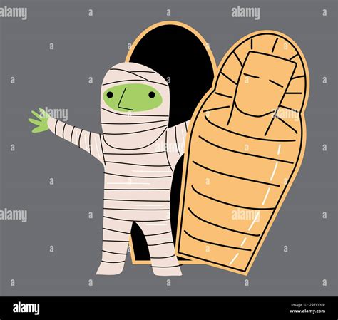 Mummy Come From Within Coffin Halloween Cartoon Characters Vector