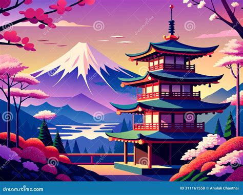 Japanese Landscape With Mount Fuji And Pagoda Vector Illustration