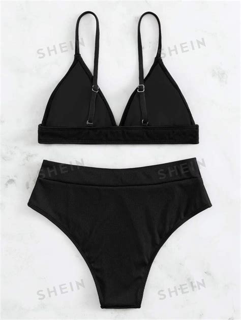 SHEIN Swim Summer Beach Rib Triangle High Waisted Bikini SHEIN USA