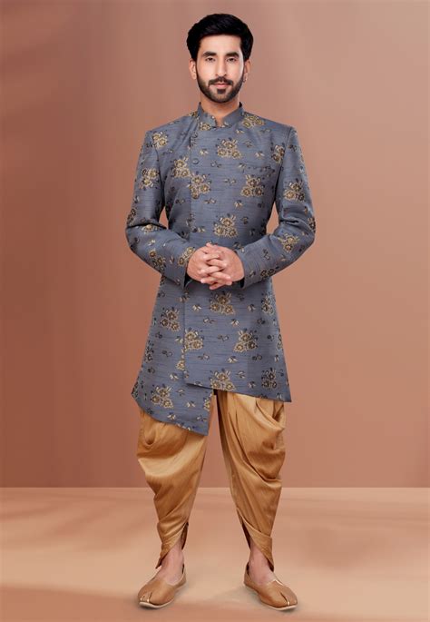 Grey Jacquard Indo Western Suit