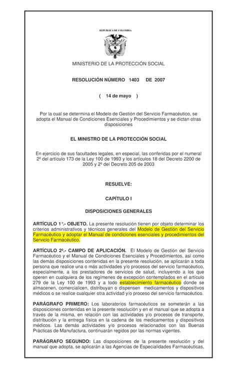 1403 RESOLUCION PARA LOS SERVICIOS FARMACEUTICOS MINISTERIO DE LA