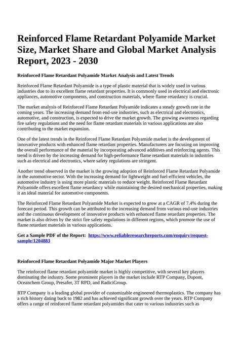 Reportprime Reinforced Flame Retardant Polyamide Market Size Market