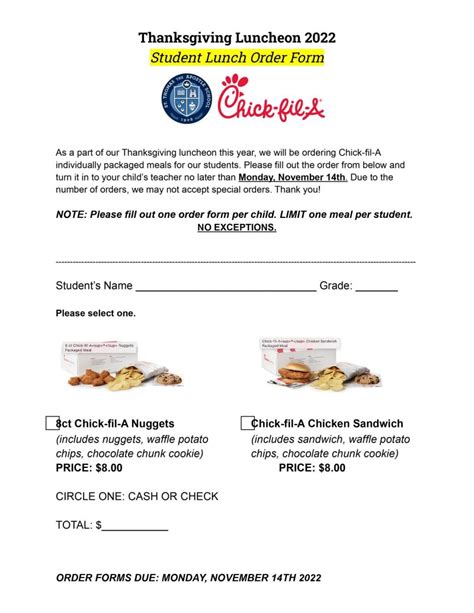 Thanksgiving Luncheon Chick Fil A Order Form St Thomas The Apostle