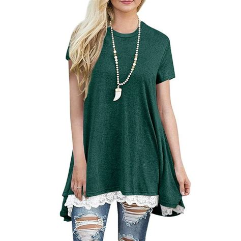 Chama Womens Plus Size Lace Hem Tunic Tops Short Sleeve Casual Cute Blouse A Line Summer T Shirt